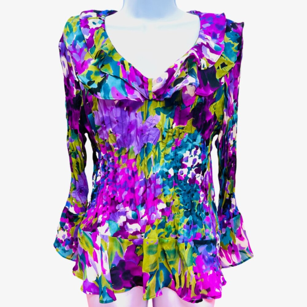 Allison Taylor & Laura Max Blouse L+XL Pleated Ruffle V-Neck Bell Sleeve(#53 - Picture 8 of 14